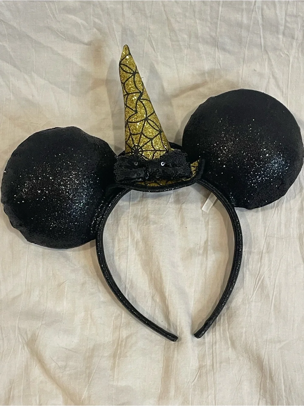 Disney Minnie Mouse Witch Hat Halloween Ears Black Gold Glitter Spiderweb